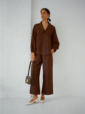 Brown Checked Wide-Leg Women’s Pants